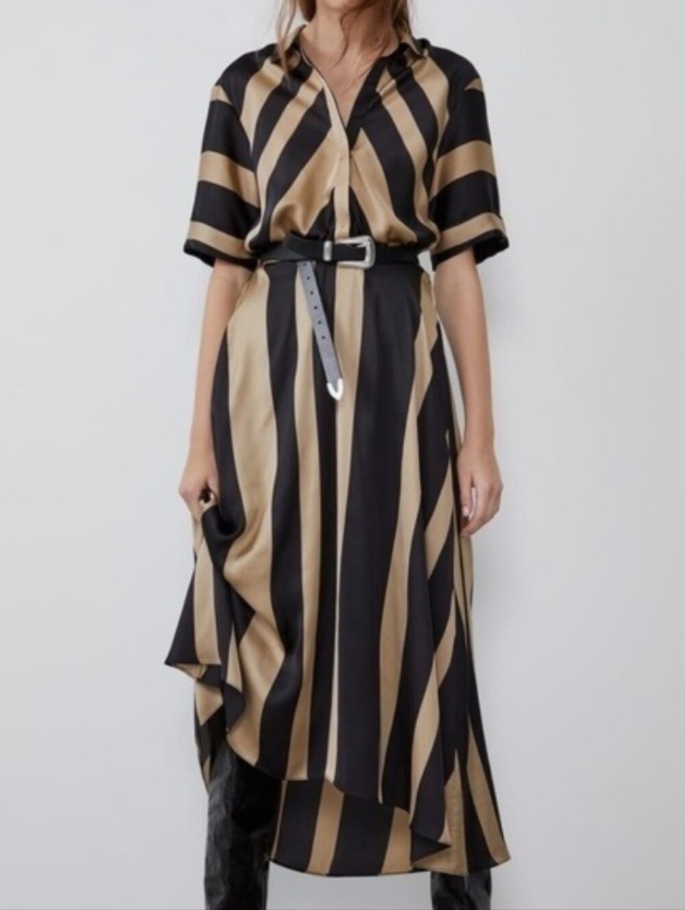 Zara Sexy Black Gold Button Front Shirt Maxi Dress